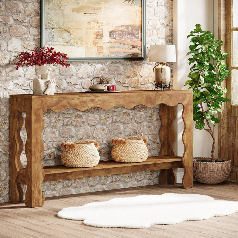 63" Console Table with Curved Legs, 2-Tier, Brown