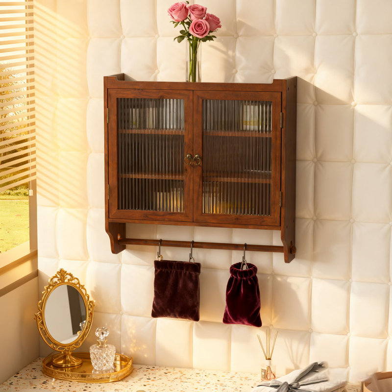 Armoire murale 24,8 po à deux portes avec trois niveaux de rangement et porte-serviettes, Brun