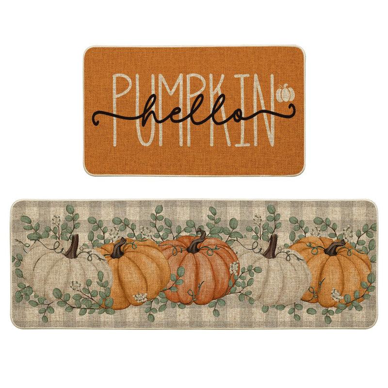 Orange Buffalo Plaid Hello Pumpkin Eucalyptus Fall Kitchen Mats Set Of 2, Home Decor Low-Profile Kitchen Rugs