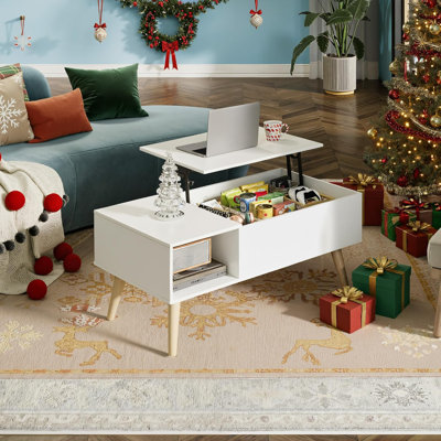 Table basse blanche à plateau relevable pour salon avec tablette de rangement et compartiment caché