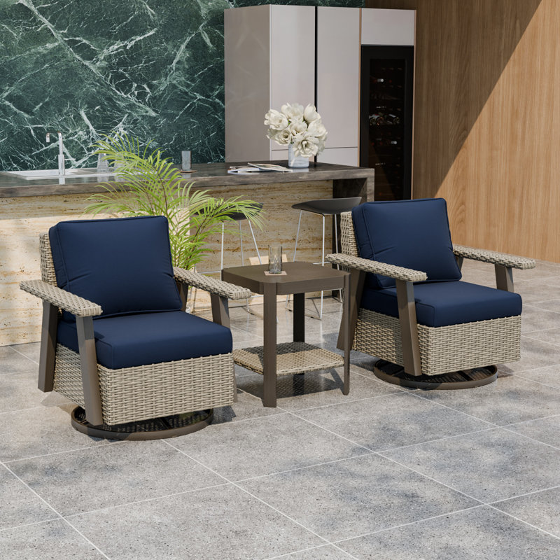 Ensemble de 3 chaises pivotantes en osier avec coussins de 5 pouces et table d'appoint, Bleu très foncé