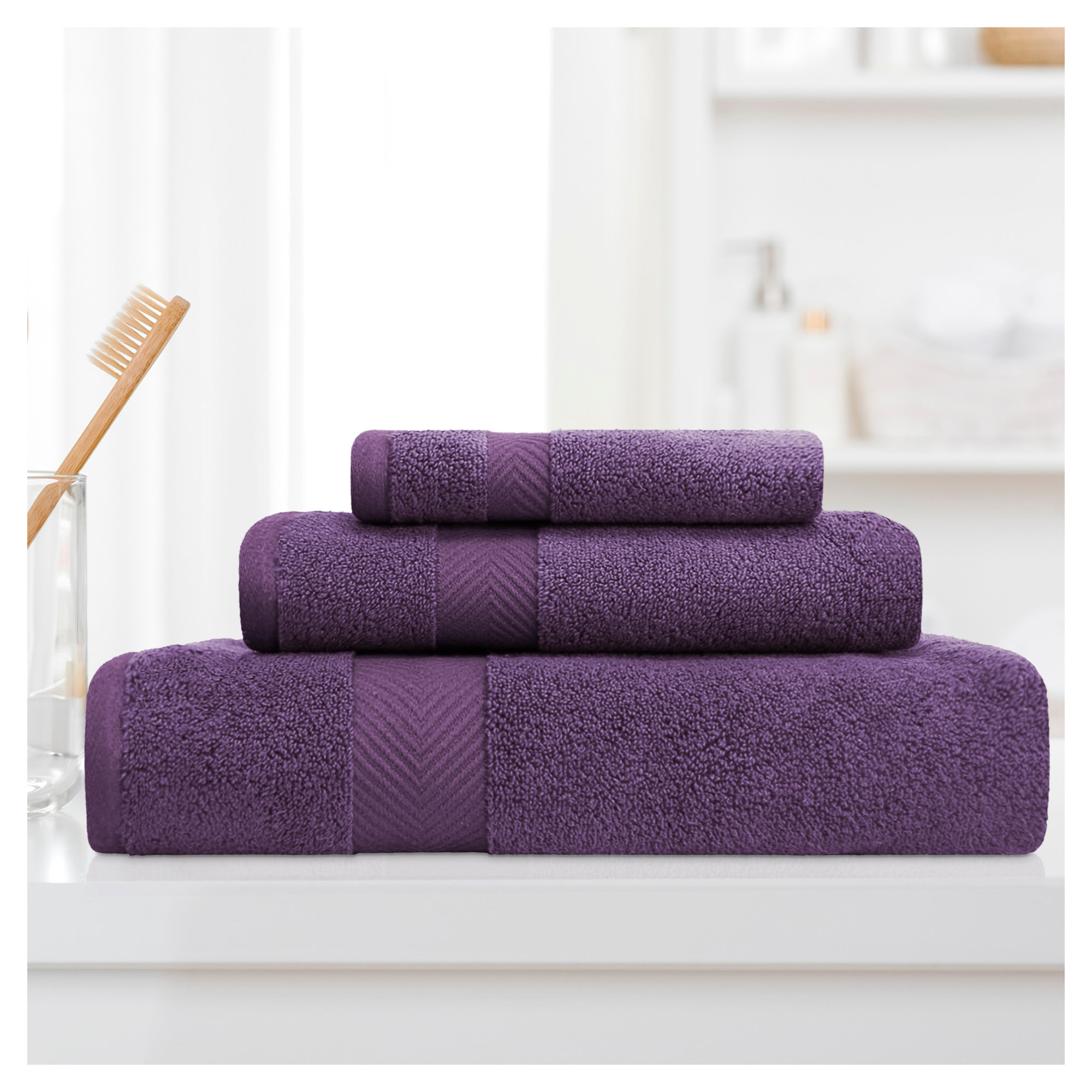 Hamachi Zero-Twist 3 Piece 100% Cotton Towel Set, Grape Seed