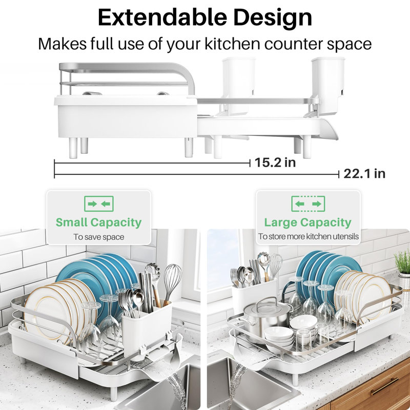 Égouttoir à vaisselle extensible pour comptoir de cuisine, égouttoir à vaisselle en acier inoxydable avec ensemble égouttoir et porte-ustensiles (blanc)