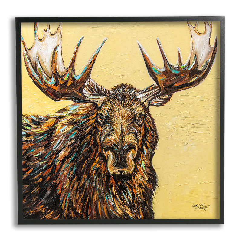 «Modern Moose» encadré sur bois par Carolee Vitaletti, peinture, H 24 po x l 24 po x P 1,5 po, Giclée encadrée noir minuit