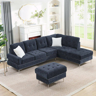 Sofa with Chaise, Storage Ottoman, Metal Legs