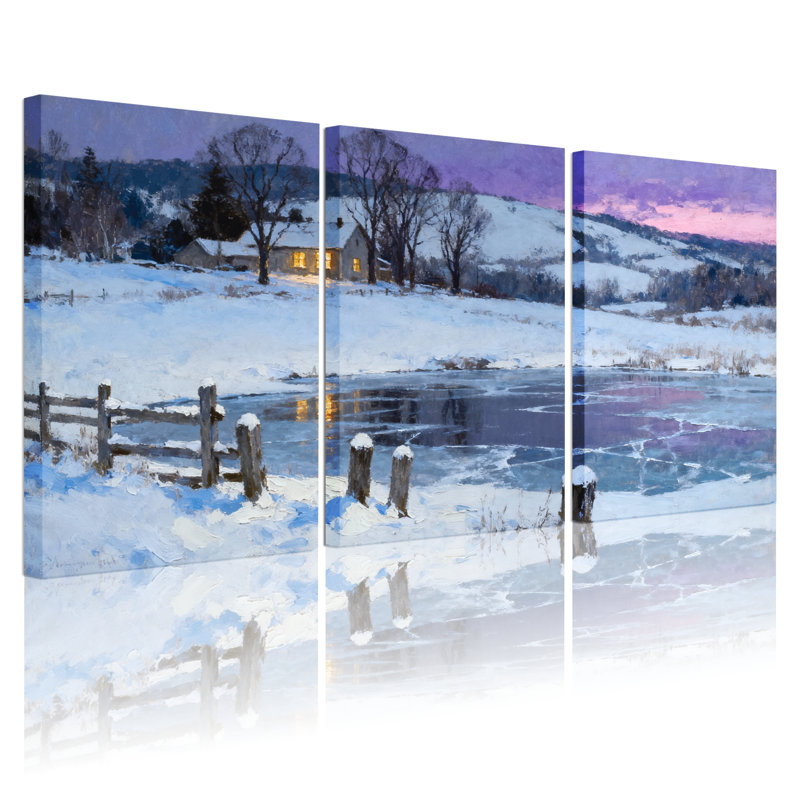 Scénario et paysages urbains paysage d'hiver avec champ enneigé et maison, ensemble de 3 impressions sur toile
