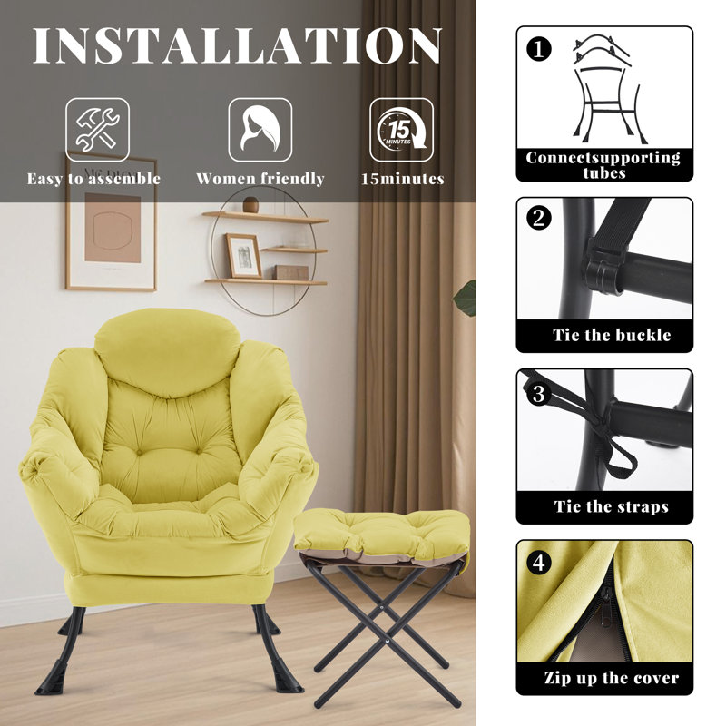 Upholstered Armchair with Footstool, Yellow