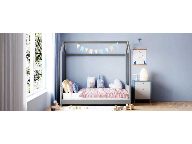Twin Size Velvet House Bed Wood Bed, Gray, Twin