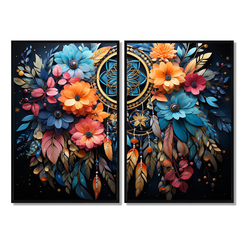 «Teal Dream Catcher Dreams In» - ensemble d'art mural grand receveur de rêves, 36" H x 48" W, Impression encadrée flottante