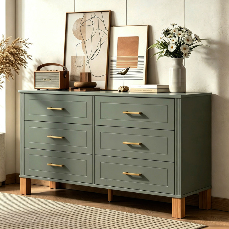 Commode double 6 tiroirs en bois robuste, Olive