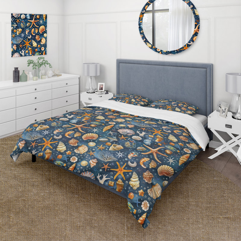 Ensemble de housse de couette orange bleu côtier Seashells IV - Coastal, Housse de couette très grand et 2 très grandes t