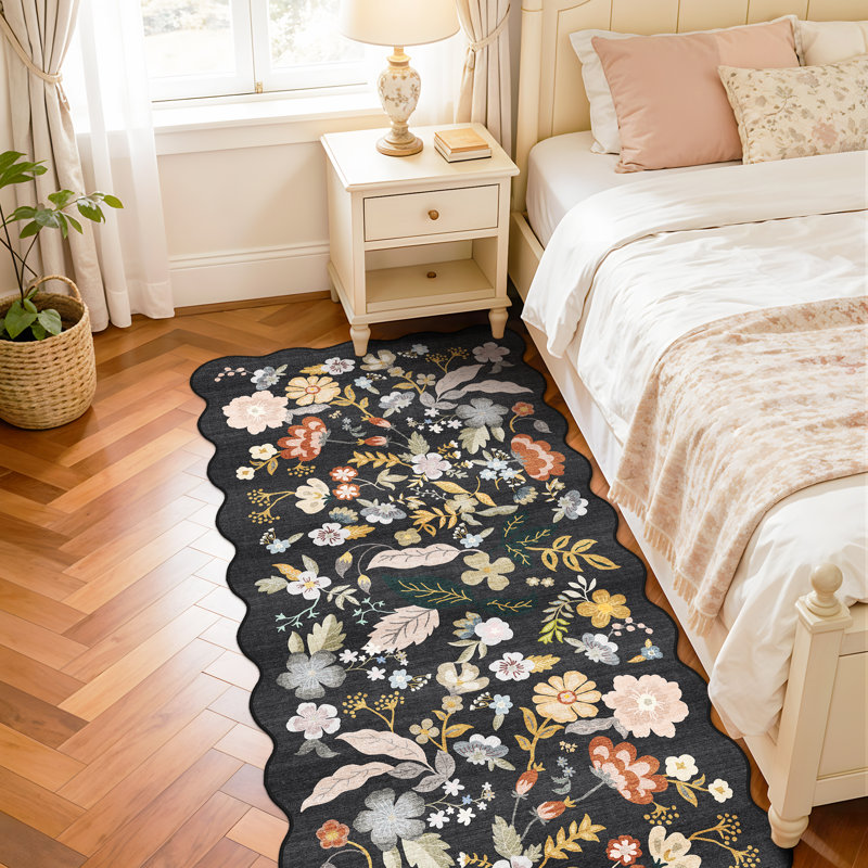 Hallway 3x6 Washable Runner Rug: Stain Resistant Floral Scalloped Rug for Kitchen Entryway Farmhouse Soft Carpet for Bathroom Bedroom Thin Laudry Living Room Floor Mat with Non Slip Backing(3x6,Black)