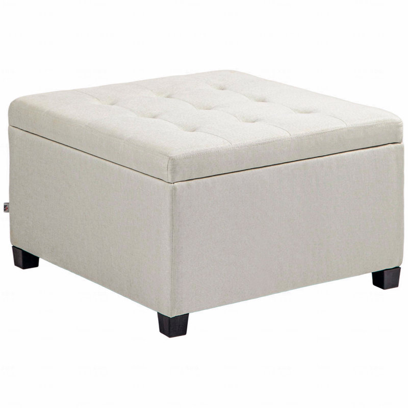 Fabric Upholstered Tufted Storage Ottoman, Flip Top Seat Lid With Metal Hinge And Eucalyptus Wood Frame, Beige
