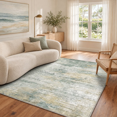 Swoosh Ivory / Sage Indoor Abstract Area Rug,Machine Washable,With Non-Slip Backing