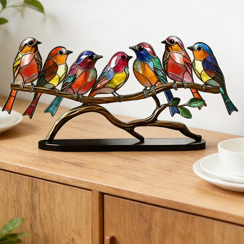 Colorful Stained Glass Birds on Branch Sculpture - Vibrant Metal Art Mini Decor