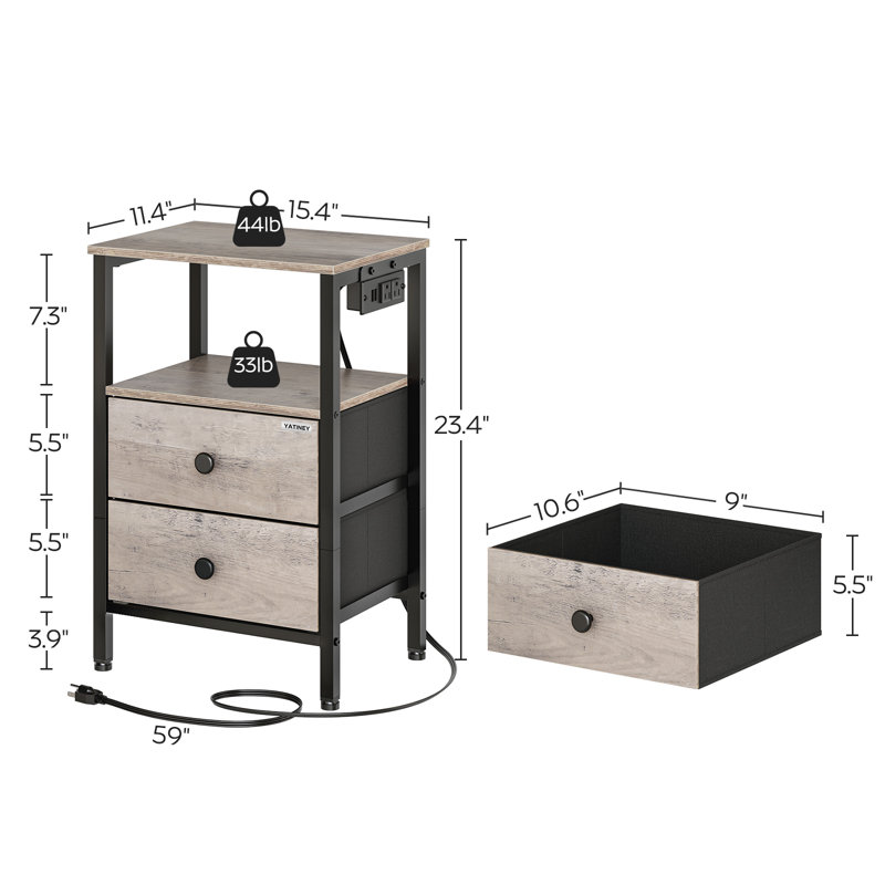 23.4"H Night Stand with Charging Station, Bedside Tables with 2 Non-Woven Drawers, Side Table for Dorm Room, End Table Bedroom for Small Spaces