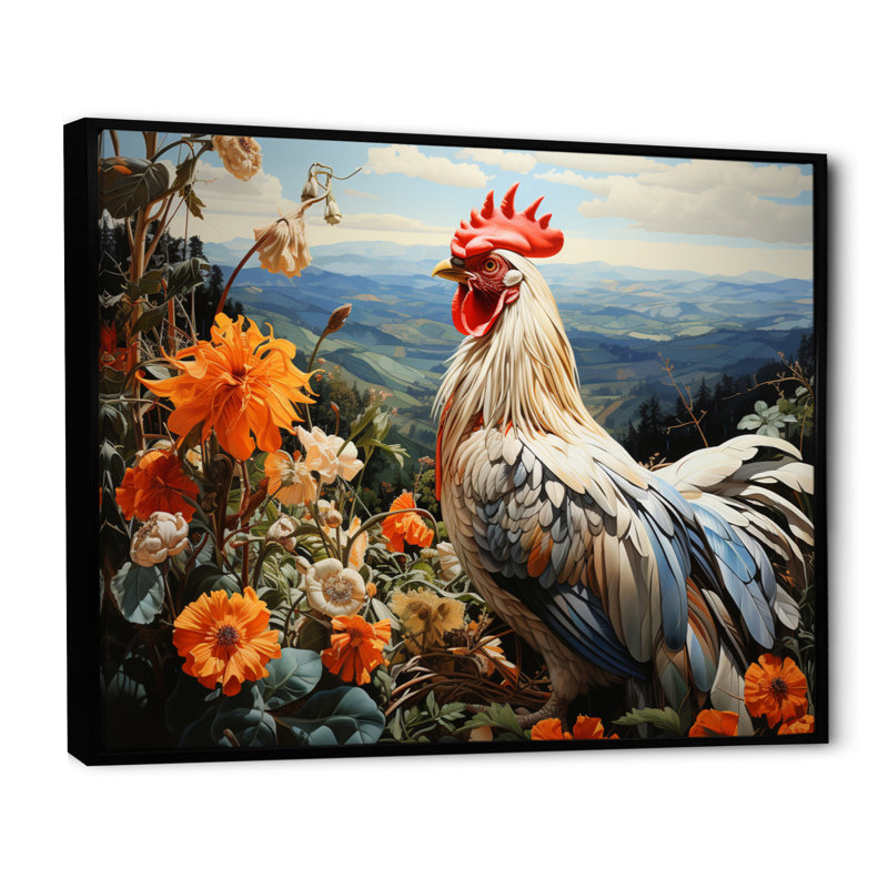 Coq crème avec paysage de fleurs d'oranger, H 16 po x l 32 po x P 1 po, Cadre flottant noir