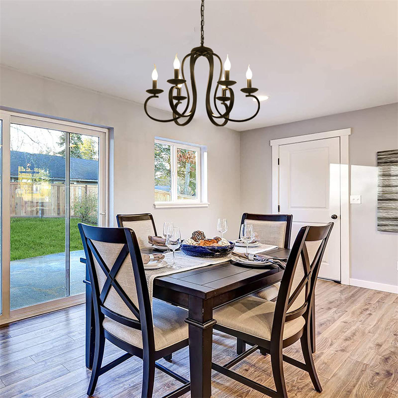 6 - Light Chandelier Pendant, Black