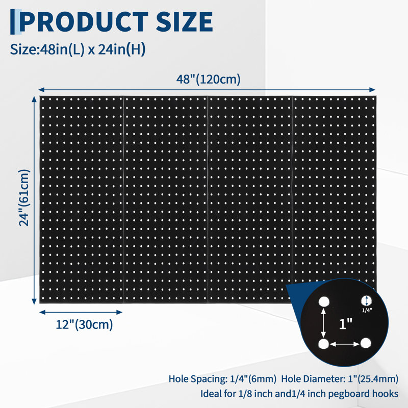 Panneaux perforés robustes en métal pour garage et atelier - Organisateur mural en acier 12 po x 24 po, support de rangement flexible pour outils, idéal pour la maison, la cuisine, la salle de bricolage - ensemble de 4 planches - panneau perforé quatre pièces