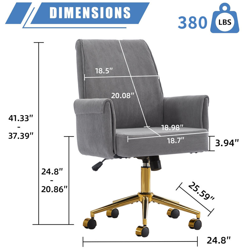 Chaise de bureau en velours côtelé gris à dossier moyen avec base dorée élégante et mousse à mémoire de forme