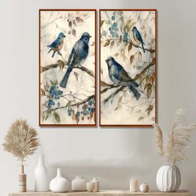 Quatre oiseaux bleus rétro sur une branche IV - animaux, art mural sur toile