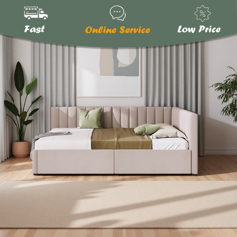 Upholstered Daybed With 2 Storage Drawers Twin Size Sofa Bed Frame No Box Spring Needed, Linen Fabric, Beige