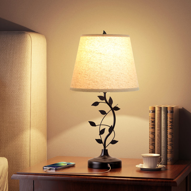 25'' Black Metal Table Lamp with Touch Control and USB A&C, Beige