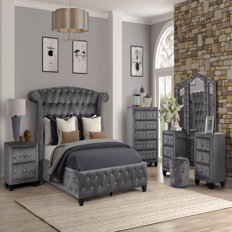 Modern Style Crystal Tufted 2-Drawer Nightstand  Upholstered With Velvet Fabric Made With Wood