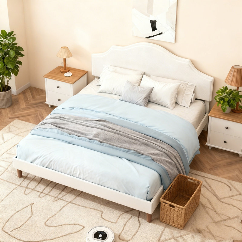 Lit plateforme tapissier avec tête de lit réglable, rembourrage en tissu de lin, Très grand lit, Beige
