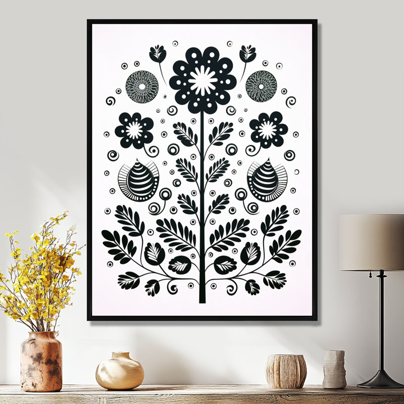 Fleurs blanches magiques, feuilles minimes et monochromes - art mural floral moderne, salon, Toile avec cadre flottant noir