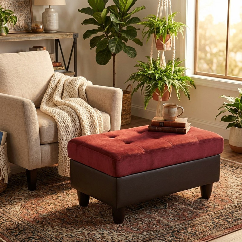 Repose-pieds de rangement rembourré avec structure en bois massif et coussin à double ressort, Rouge / Brun