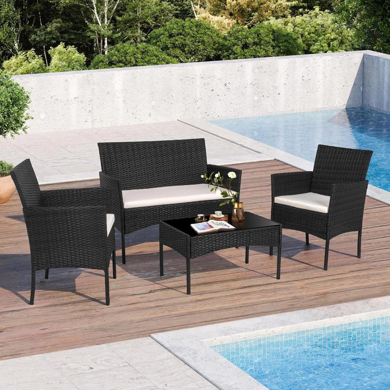 Rattan Garden Furniture Set 4 Piece Table Chairs Sofa Wicker Outdoor Patio Set, Black