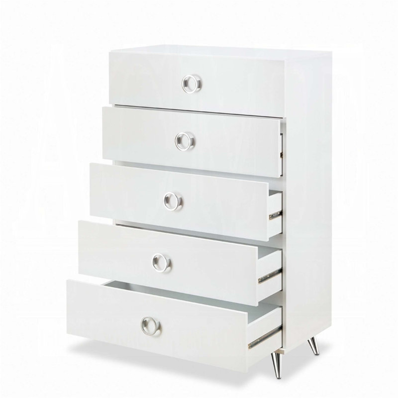 Commode blanche à 5 tiroirs avec poignées anneaux