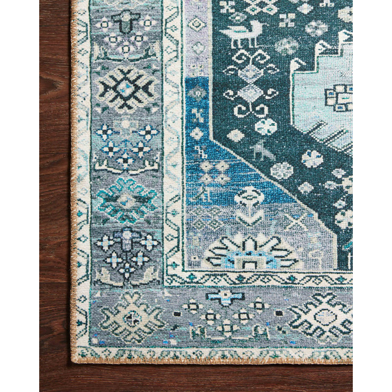 Tapis bleu tissé à la machine Anaelise, Rectangle 3 pi 6 po x 5 pi 6 po