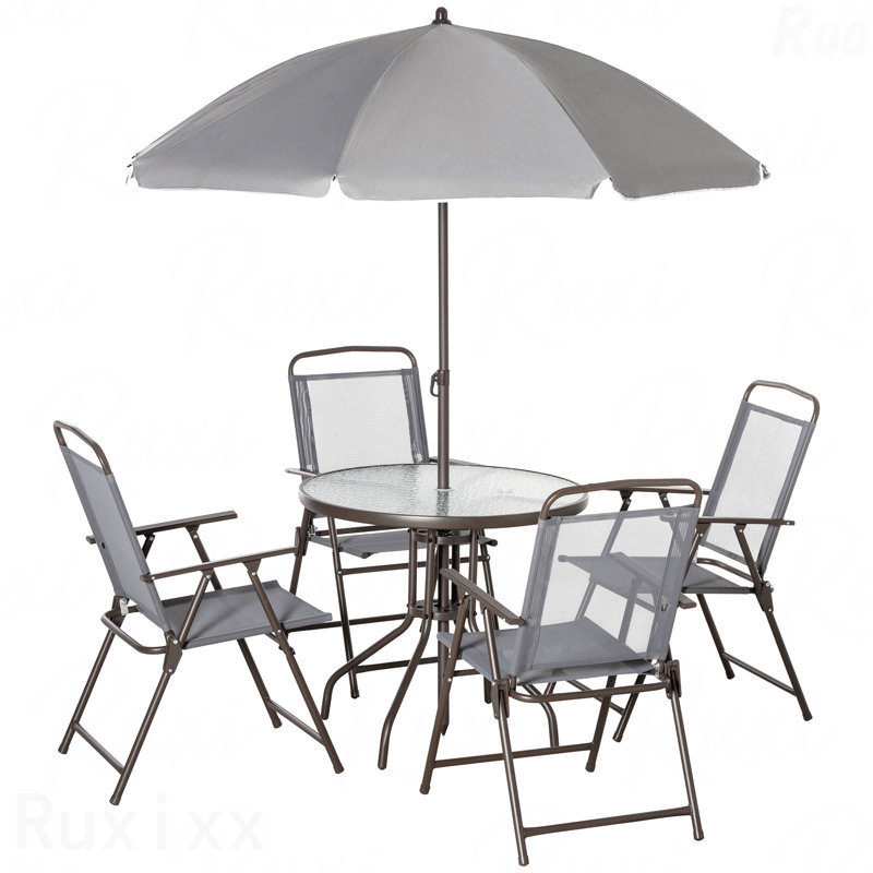 Ensemble de salle à manger de patio 6 pièces pour 4 personnes avec table et chaises d'extérieur avec parasol et 4 chaises de salle à manger pliantes et table ronde en verre pour le jardin et la piscine