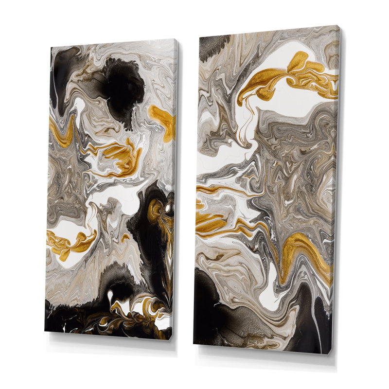 Vague de marbre doré et noir I - ensemble d'art moderne de 2 pièces, H 20 po x l 24 po x P 1 po