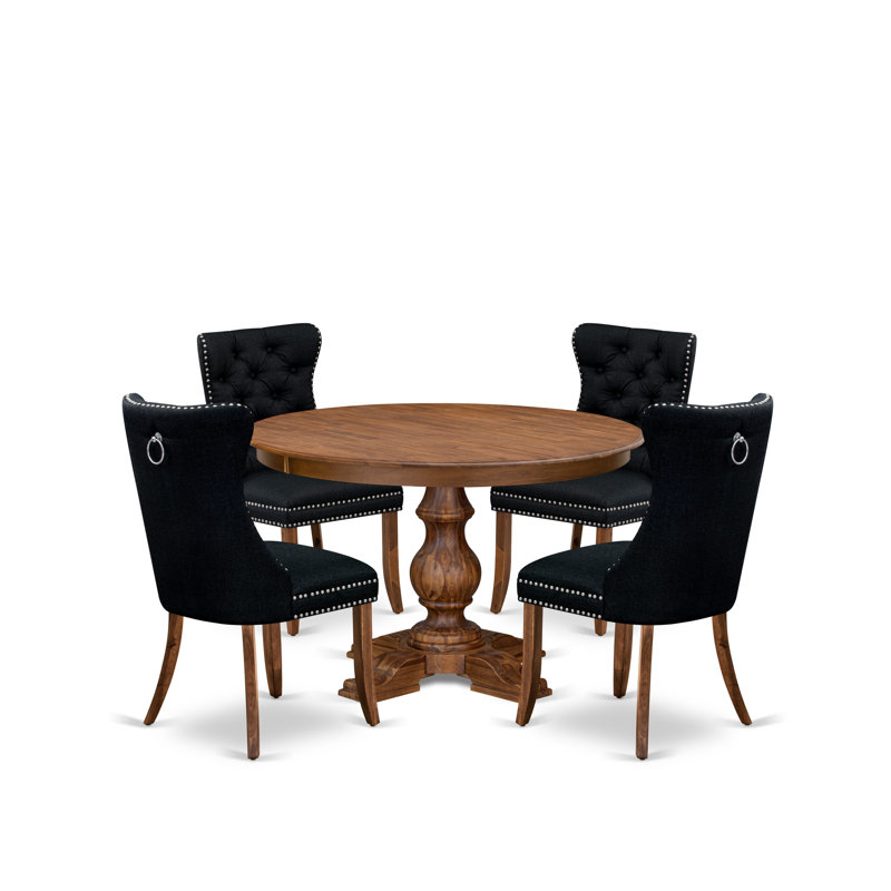 Ensemble de table de cuisine 5 pièces en polyester 4 chaises noires Parson, dossier capitonné et une table ronde de 54 po au fini noyer antique.