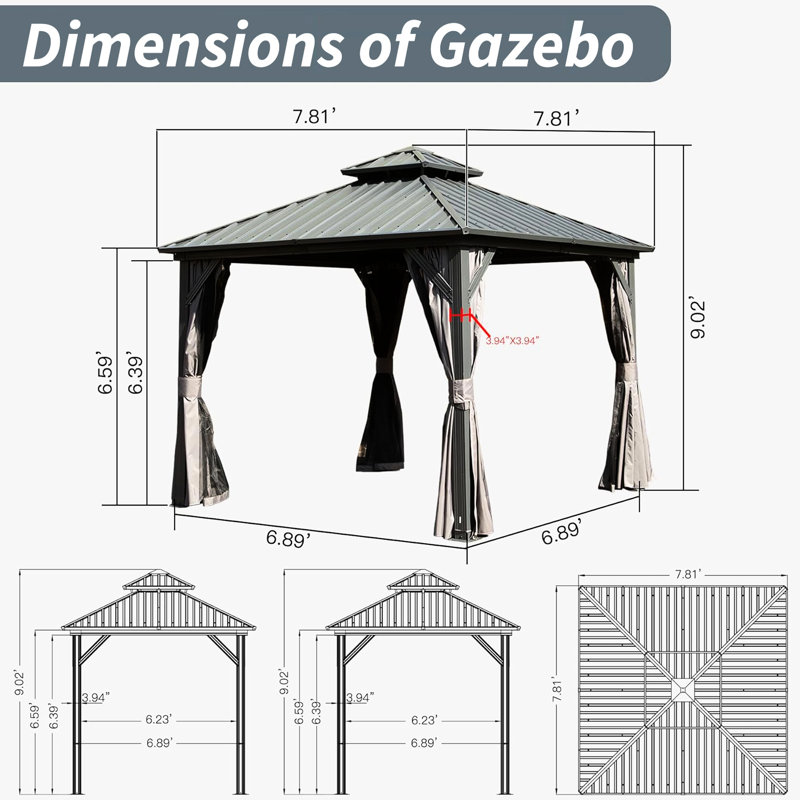 Gazebo de 2,4 m x 2,4 m avec rideau d'intimité, crée un espace intime - Gris, patio, jardin, terrasse, pelouse. Gazebo de 2,4 m x 2,4 m, élégant gris.