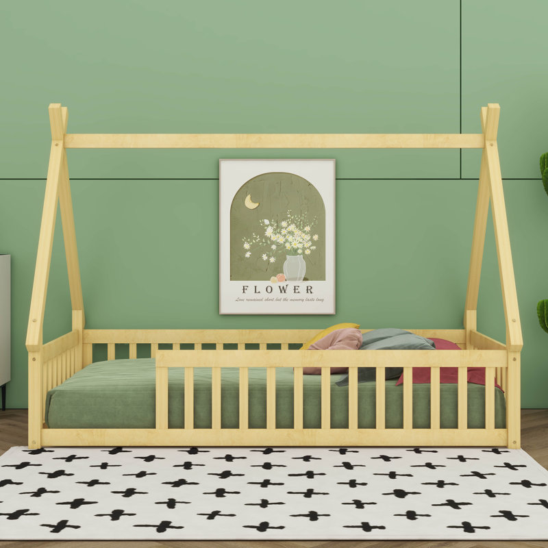 Lit de tente pour enfants, base de lit Montessori avec clôture, lit tipi avec lattes, Natural