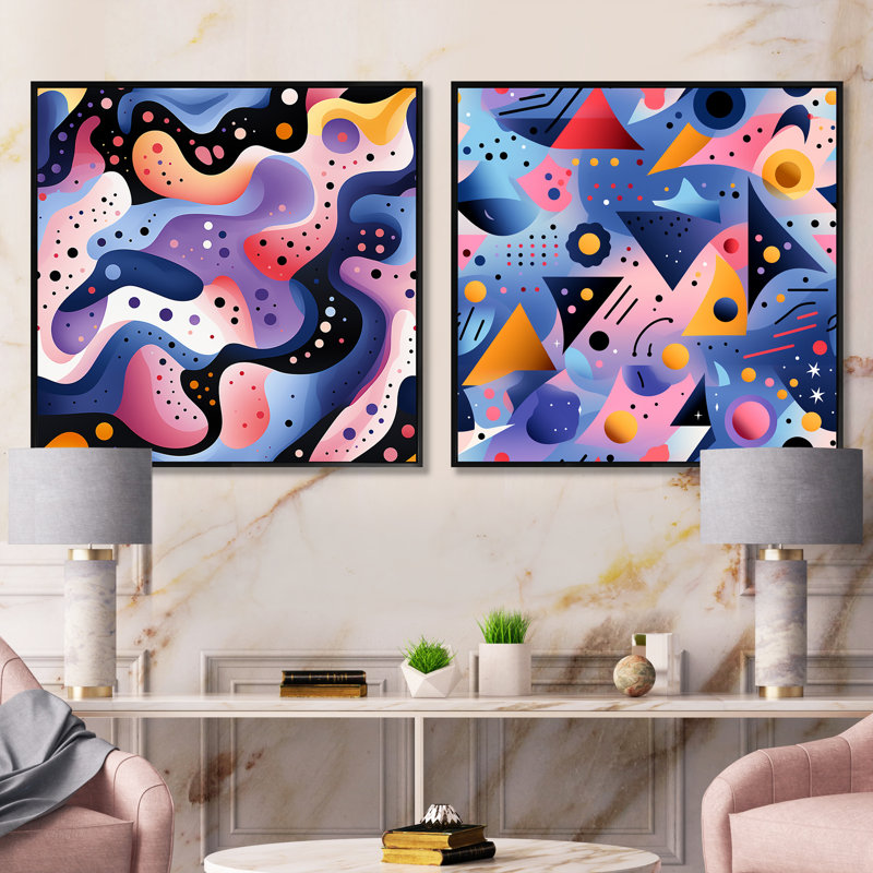 Multicolor Funky Cool Geometric Lines Pattern - Abstract Shapes Square Collage Set Of 2, Black Floater Framed, 16" H x 33" W