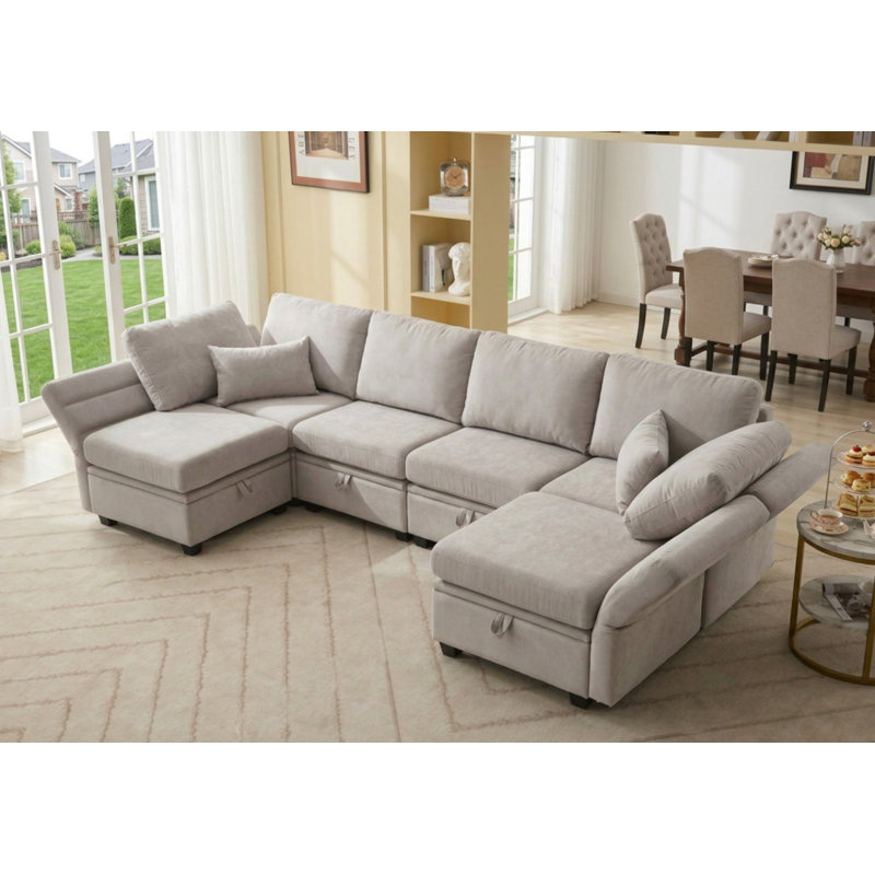 U-shaped Modular Reclining Sectional Sofa with Storage Seats & Adjustable Armrest, Backerest, Light Gray Polyester Blend