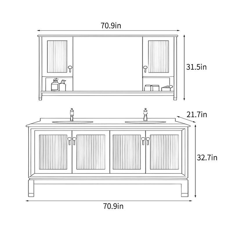 Milone, H 32,7 po x l 70,9 po x P 21,7 po