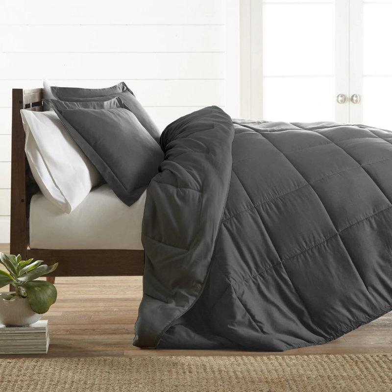 Reversible Bamboo Comforter with Down Alternative Filling, All Season Comfort, Queen, Dark Gray