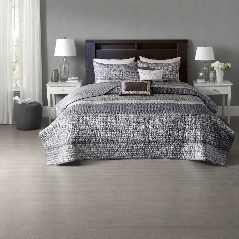 Ensemble de courtepointe luxueuse réversible en coton avec oreillers, gris moderne