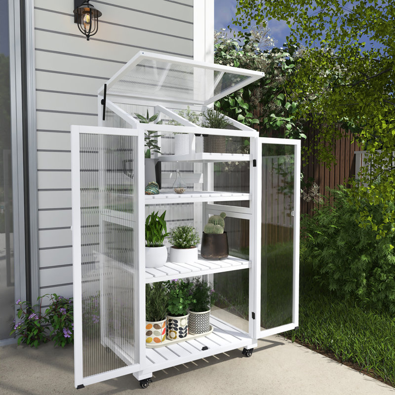 31.5" W X 22.4" D 4-Tier Wooden Greenhouse With Wheels, White