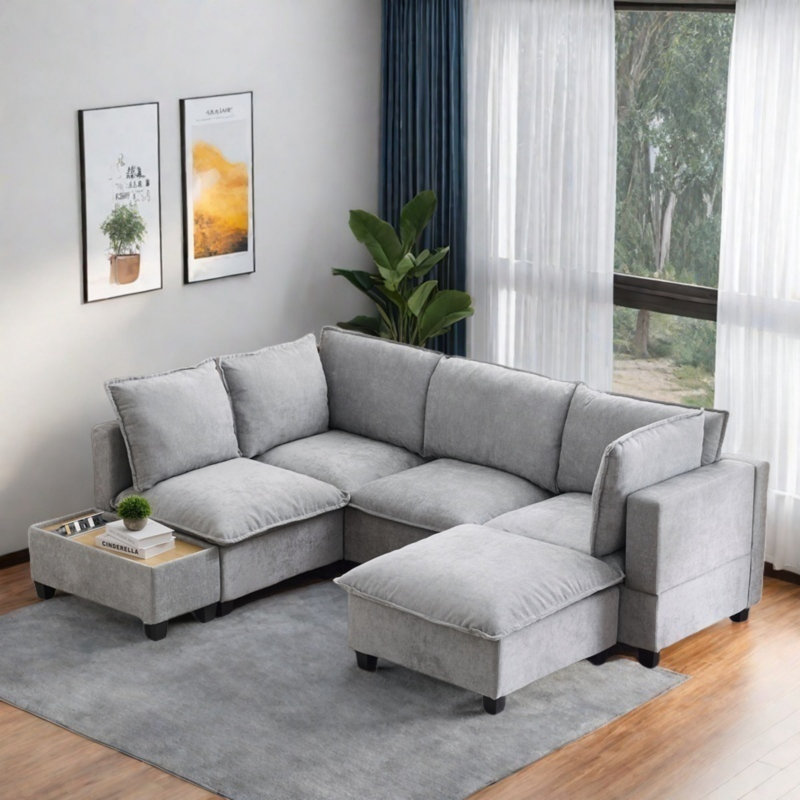 U-shaped Sectional Sofa Couch With A Movable Ottoman And A Coffee Table With Hidden Charging Devices, Grey