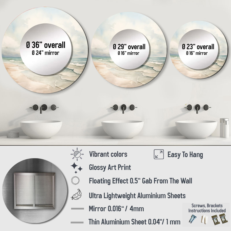 Soft Color Beach Horizon IV - Coastal Wall Mirror, Coastal Round Decorative Mirror, Printed Metal Art, 29" x 29"