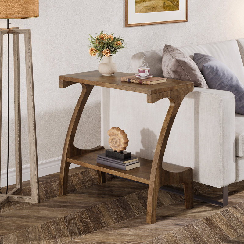 Ensemble de 2 tables de bout, table d'appoint en bois massif à 2 niveaux, Brun