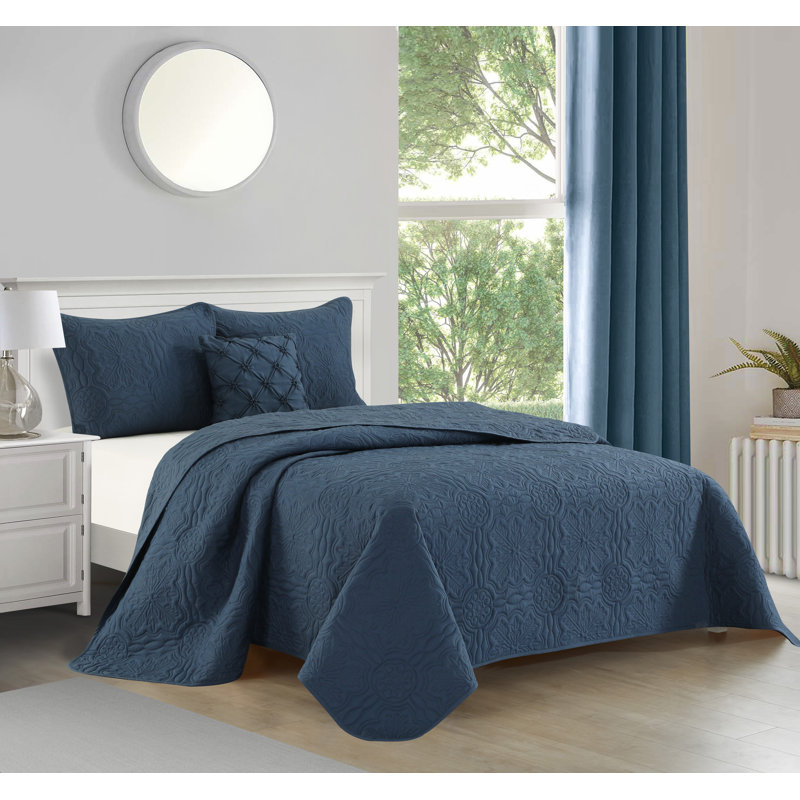 Ensemble de courtepointe en microfibre 4 pièces Jailen, Courtepointe pour lit très grand, deux très gran, Bleu marine
