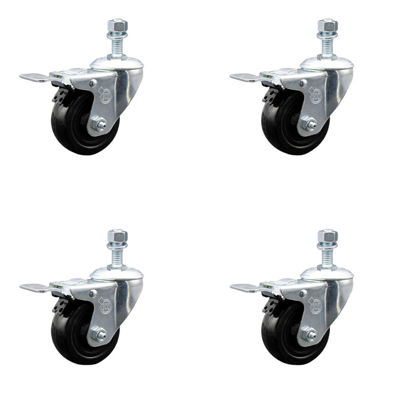 Rubber 12mm Threaded Stem Caster Set with Total Lock Brake SCC